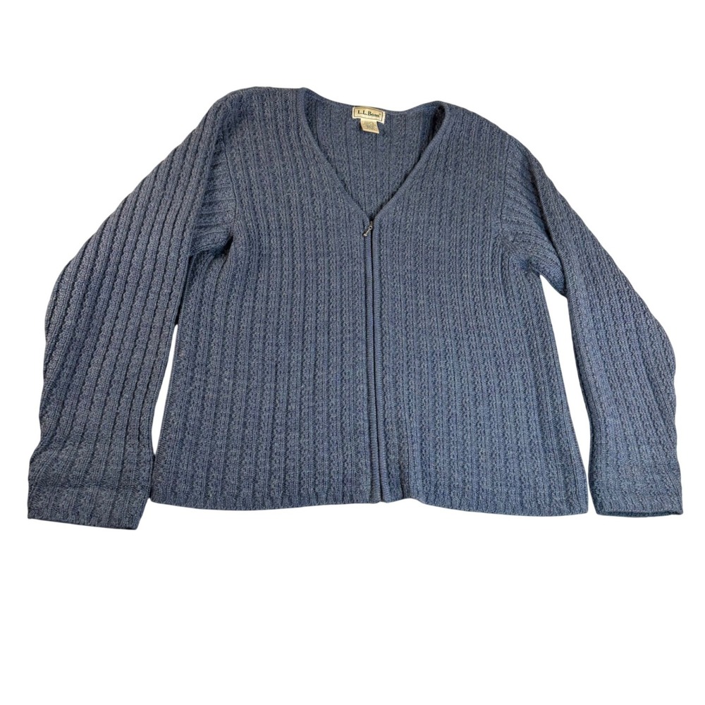 LL Bean Womens Large Blue 100% Wool Full Zip Cable Knit Cardigan Sweater Vintage